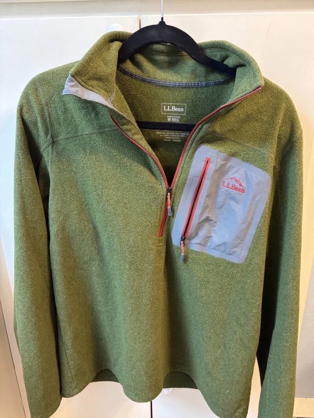 L.L. Bean Men's Green Fleece Half-Zip with Light Gray Chest Pocket